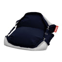 Navy blue and gray beanbag with a visible Fatboy brand logo on a white background