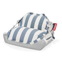 Blue and white striped bean bag chair with a gray base on a white background