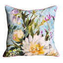 Floral-patterned pillow with a colorful design on a white background