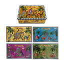 Set of four colorful plates with animal and landscape designs on a white background