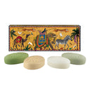 Four Ortigia Sicilia soaps in front of the Flying Tiger Box with animal illustrations on a white background