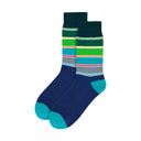 Pair of blue socks with colorful stripes on a white background