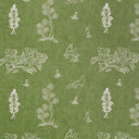 Pattern of white trees, animals, and landscapes on a green background