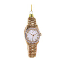 Gold watch with a white face on a white background