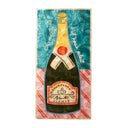 Decorative plaque with a champagne bottle design on a blue and red striped background