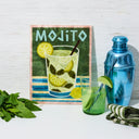 Mojito-themed artwork with a glass of mojito, lime slices, and a cocktail shaker on a white surface.