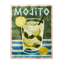 Mojito-themed plaque with a glass of mojito, lemon slices, and mint leaves on a striped background.