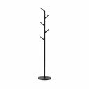 A modern black metal coat rack designed to look like a tree trunk, featuring a round base and three branching levels with hooks, shown against a plain white background.