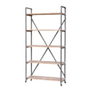 Bookshelf with wooden shelves and metal frame on a white background