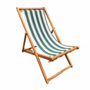 Wooden deck chair with green and white striped fabric on a white background