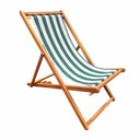 Wooden deck chair with green and white striped fabric on a white background