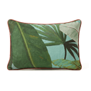 A rectangular decorative throw pillow featuring a tropical leaf print with green palm and banana leaves on a light blue background, finished with a contrasting dark red piped edge, shown against a plain white background.