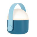 Blue and white portable lamp with a handle on a white background