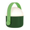 Green and white portable lamp with a handle on a white background