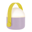 Portable lamp with a yellow handle and purple and white base on a white background