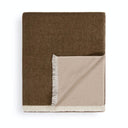 A folded woven throw blanket in a dark brown and beige herringbone pattern, featuring fringed edges, shown on a clean white background.