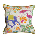 Decorative pillow with colorful animal and floral pattern on a white background