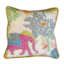 Decorative pillow with colorful elephant and nature design on a white background