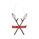 A s'mores-themed hanging ornament featuring two crossed brown tree branches with white marshmallows on top and a red banner in the center that reads 'LET'S GET TOASTED' in white text.
