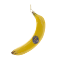 A glossy yellow banana-shaped Christmas ornament with a small round 'Let's go bananas' sticker and a gold hanging loop, shown on a plain white background.