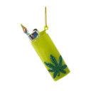 A novelty lighter-shaped ornament in bright chartreuse yellow-green, featuring a green cannabis leaf design on the side and a gold hanging loop at the top.