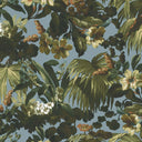 Tropical leaf and flower pattern on a blue background