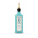 A London Dry Gin bottle-shaped ornament in light turquoise blue with a black cap, gold hanging loop, and front label reading London Dry Gin, shown on a plain white background.