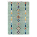 Decorative rug with geometric pattern on a light green background