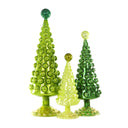 Three green glass trees with bubble-like design on a white background