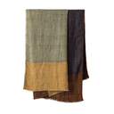 A folded woven scarf or shawl with a color-blocked design, featuring a muted sage green upper section, a mustard yellow lower section, and dark brown and navy sections on the reverse side, shown against a plain white background.