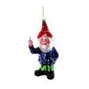 A glossy glass Christmas gnome ornament pointing upward, featuring a red hat, white beard, blue jacket, green pants, and black boots, shown against a plain white background.