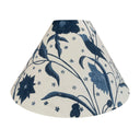 Decorative lampshade with blue floral and bird pattern on a white background