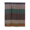 A striped woven textile, likely a scarf or shawl, featuring horizontal bands of dark blue, taupe, forest green, dark brown, light beige, ochre brown, and mustard yellow with fringed edges, shown against a plain white background.