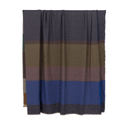 A striped wool scarf draped vertically, featuring horizontal bands of dark charcoal gray, olive green, mauve, royal blue, and dark gray with fringed edges, set against a plain white background.