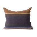 A rectangular throw pillow with a striped design in earthy tones, featuring a brown top section, a dark navy middle section, and a taupe bottom section with a thin blue stripe.