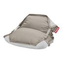 Beige and white bean bag chair with a red FATBOY tag on a white background