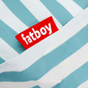Red Fatboy logo on a blue and white striped background