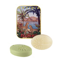 Two soaps with a decorative tin labeled Ortigia Sicilia Palermo on a white background