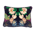 A rectangle decorative throw pillow featuring a symmetrical, mirrored floral and bird pattern on a dark navy blue velvet background. The design includes large cream and pink flowers, green leaves, and peacocks in green, purple, and gold tones.
