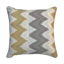 Decorative pillow with chevron zigzag pattern in yellow, gray, and white on a white background