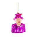 Queen Elizabeth II glass Christmas ornament wearing a vibrant magenta outfit and matching hat with sparkling royal details.