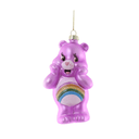 Purple glass Christmas bear ornament featuring a colourful glittered rainbow on its belly.