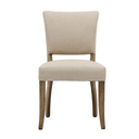 Beige cotton linen upholstered chair with wooden legs on a white background