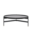 Round black wooden coffee table with metal base on a white background