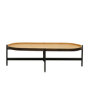 Oval coffee table with wooden top and black metal frame on a white background