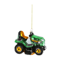 A green and black glass tractor ornament with yellow wheels, a gold hanging string, and a silver ornament base, shown against a plain white background.