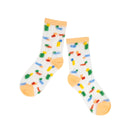 Sheer socks with colourful design with a white background