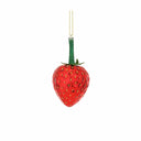 Red strawberry ornament with a green stem on a white background