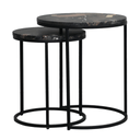 Set of two black marble side tables with metal bases on a white background