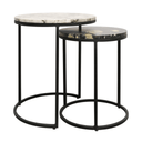 Set of two round marble top tables with black metal frames on a white background